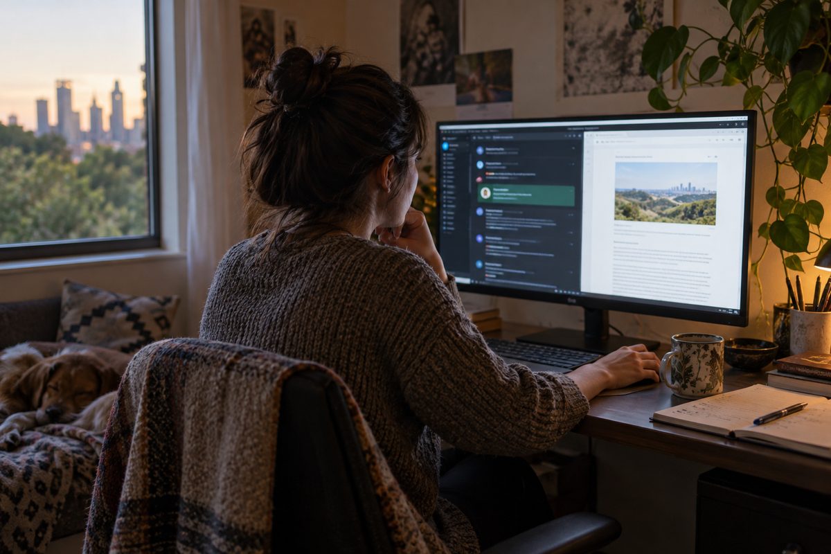 An illustrative user reviews a task conversation at a personal work setup.